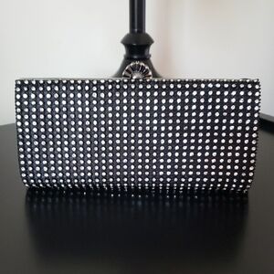 Elegant Rhinestone Black and Silver Clutch with Gunmental Crossbody Strap -  EUC